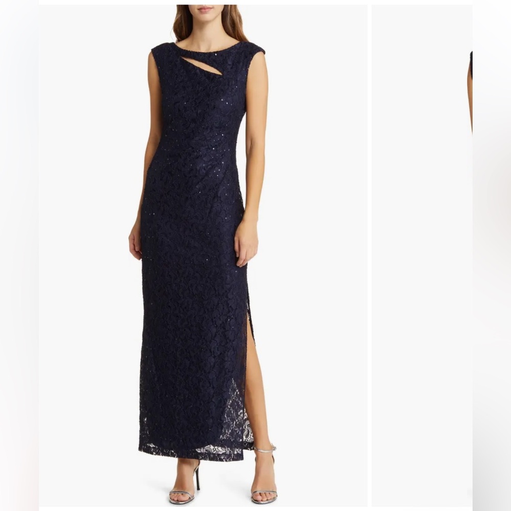Connected Apparel Elegant Sequenced Lace withLining Navy Blue Evening Gown Size6